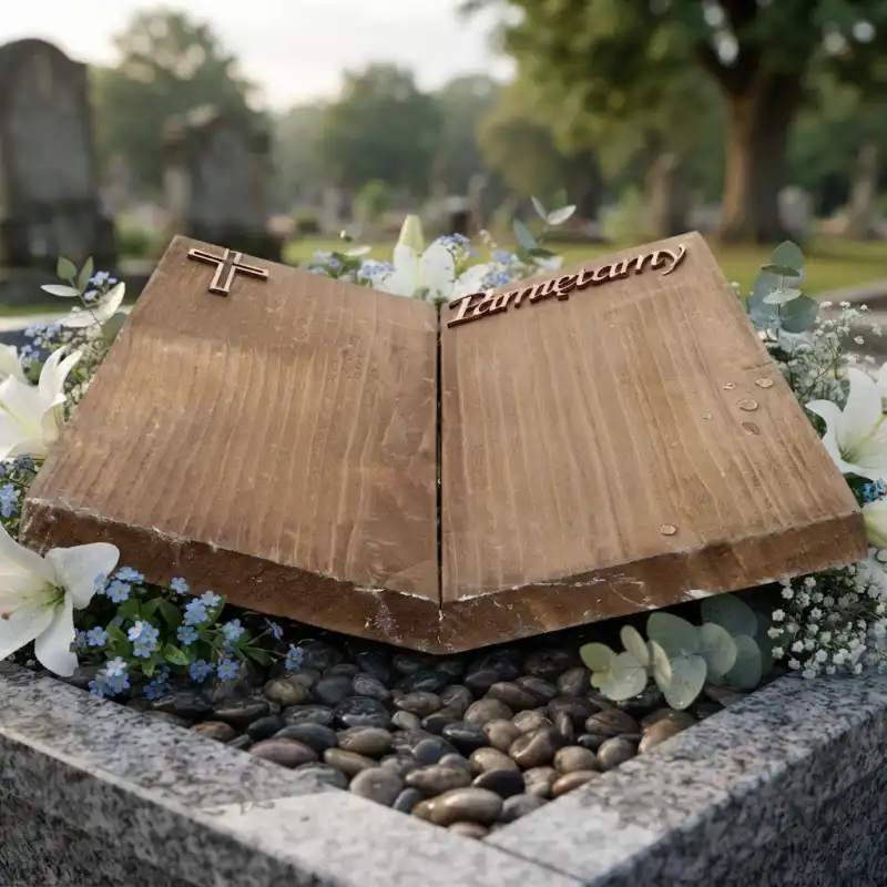 Widok statuetki książki od tyłu, prezentujący konstrukcję drewnianej podstawy i sposób łączenia elementów