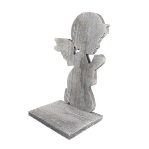 Techniczne ujęcie statuetki z aniołem o wysokości 36 cm, prezentujące wymiary podstawy 26x16 cm i grubość drewna 1,5 cm.