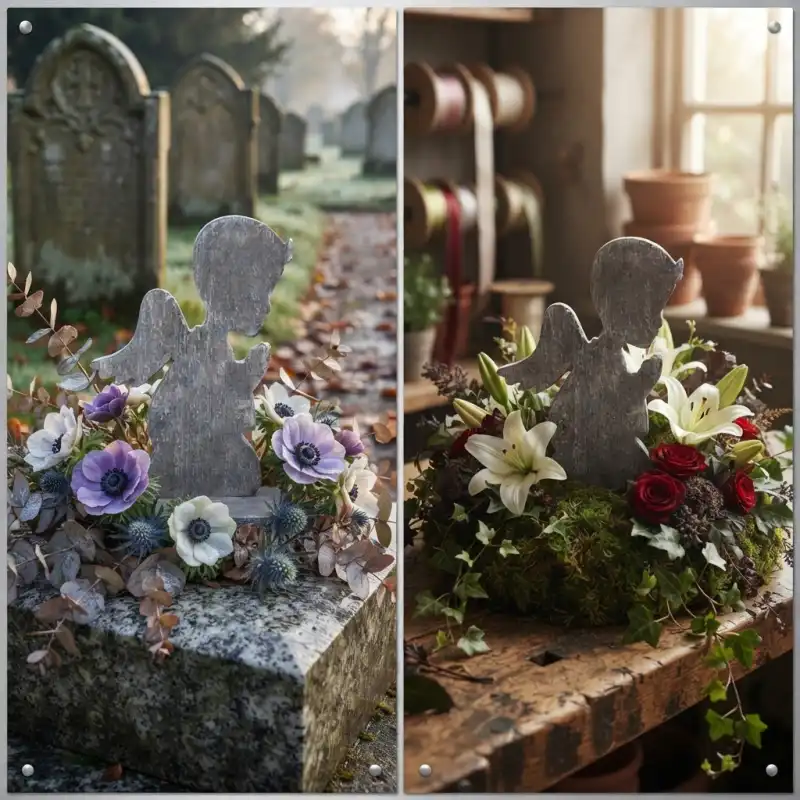 Drewniana postarzana statuetka z aniołem 36 cm w otoczeniu roślin doniczkowych i kwiatów, umieszczona na nagrobku.