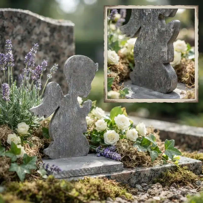 Widok z boku na szarą statuetkę z aniołem w postarzanym stylu. Dobrze widoczna faktura naturalnego drewna i poza postaci.