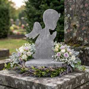 Statuetka z aniołem 36 cm jako element kompozycji nagrobnej z lawendą i białymi różami, ukazana w zbliżeniu na detal.
