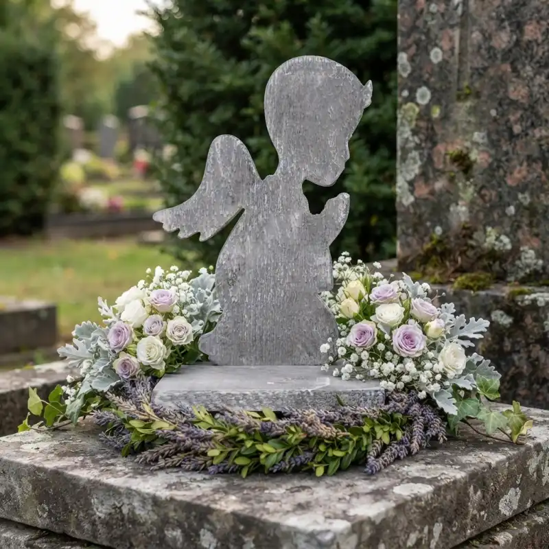Statuetka z aniołem 36 cm jako element kompozycji nagrobnej z lawendą i białymi różami, ukazana w zbliżeniu na detal.