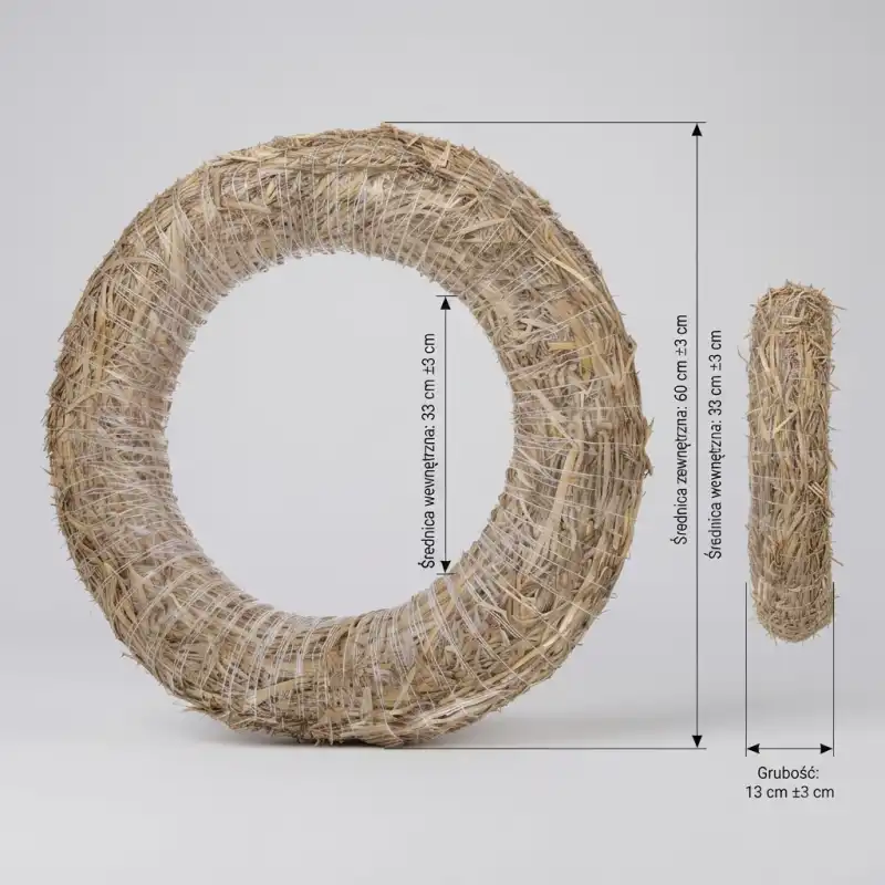 Grafika techniczna pokazująca wymiary wianka: średnicę zewnętrzną 60 cm, średnicę wewnętrzną i grubość podstawy.