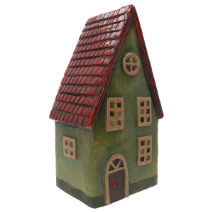 Perspektywa boczna na domek ozdobny 44 cm. Widoczne ściany, okna oraz detale architektoniczne dachu i komina.