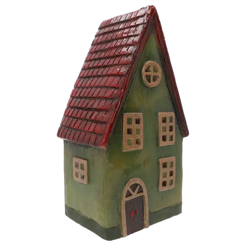 Perspektywa boczna na domek ozdobny 44 cm. Widoczne ściany, okna oraz detale architektoniczne dachu i komina.