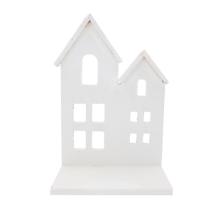 Biały domek dekoracyjny o wysokości 35 cm, długości 23 cm i szerokości 15 cm. Idealny jako statuetka na kwiaty i znicze.