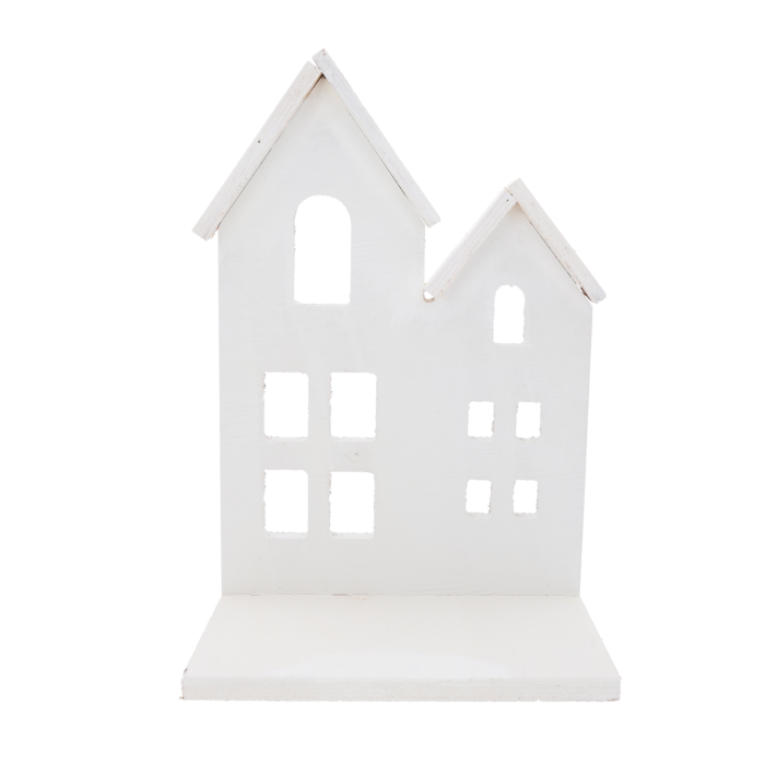 Biały domek dekoracyjny o wysokości 35 cm, długości 23 cm i szerokości 15 cm. Idealny jako statuetka na kwiaty i znicze.