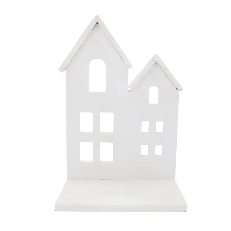 Biały domek dekoracyjny o wysokości 35 cm, długości 23 cm i szerokości 15 cm. Idealny jako statuetka na kwiaty i znicze.