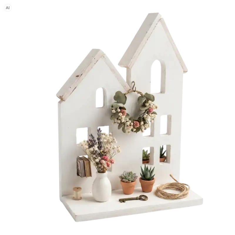 Biały domek dekoracyjny z mini wazonem, sukulentami oraz ozdobnym wieńcem, prezentujący możliwości aranżacji DIY.