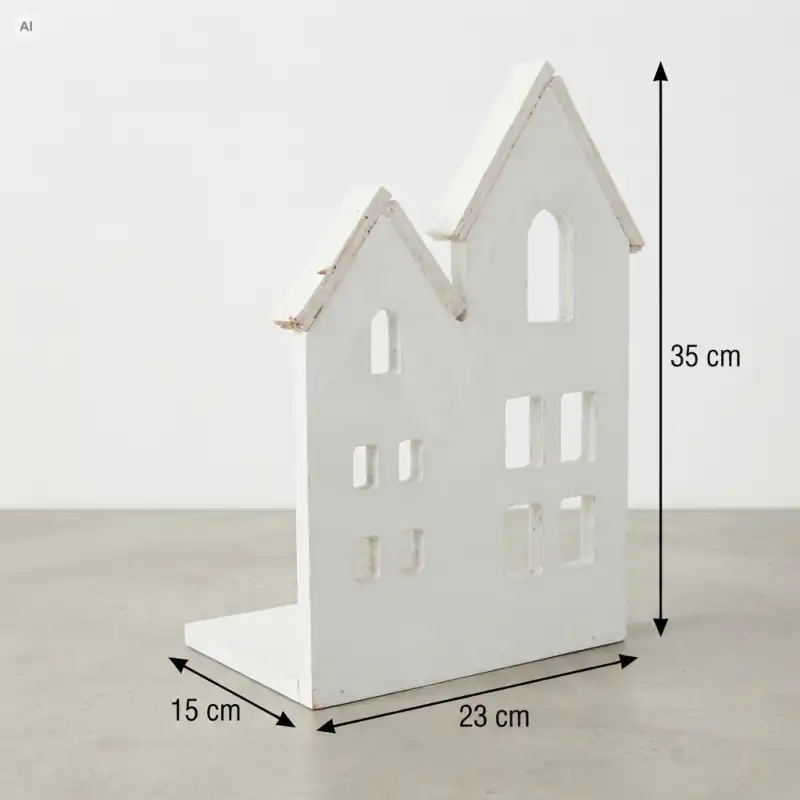 Zdjęcie techniczne prezentujące wymiary domku: 35 cm wysokości, 23 cm długości oraz 15 cm szerokości podstawy.