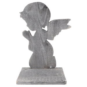 Szara statuetka z aniołem o wysokości 36 cm, postarzana dekoracja nagrobna z podstawą na znicze i kwiaty.