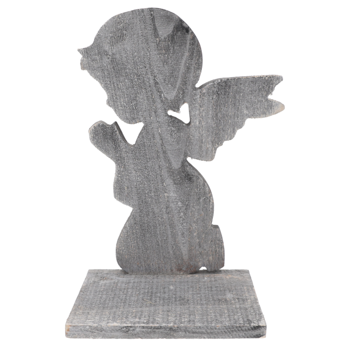 Szara statuetka z aniołem o wysokości 36 cm, postarzana dekoracja nagrobna z podstawą na znicze i kwiaty.