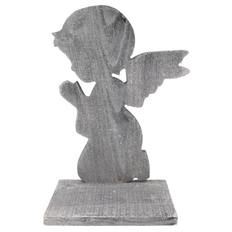 Szara statuetka z aniołem o wysokości 36 cm, postarzana dekoracja nagrobna z podstawą na znicze i kwiaty.