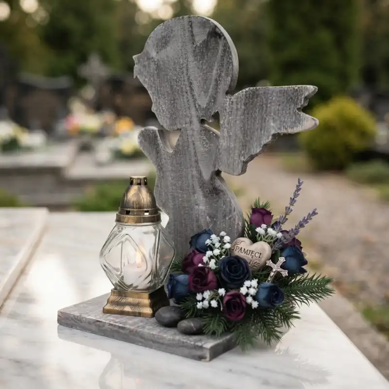 Statuetka nagrobna z aniołem w otoczeniu kompozycji kwiatowej i znicza, ukazująca gotowy stroik na cmentarz.