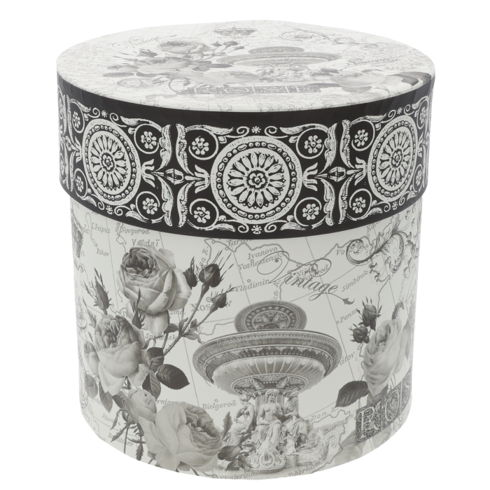 Pojedynczy flower box w stylu vintage z ozdobnym nadrukiem, wyposażony w dopasowaną pokrywkę. Produkt dostępny w zestawie 3 szt. S, M, L.