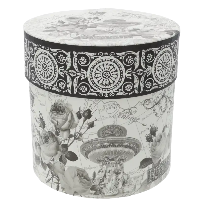 Pojedynczy flower box w stylu vintage z ozdobnym nadrukiem, wyposażony w dopasowaną pokrywkę. Produkt dostępny w zestawie 3 szt. S, M, L.