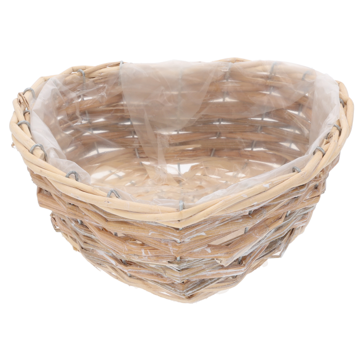 Osłonka wiklinowa serce 25x25 cm, naturalna plecionka z wewnętrzną folią ochronną, gotowa do wypełnienia kwiatami.
