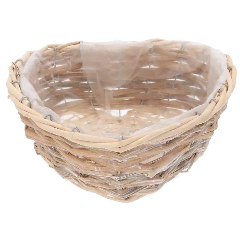 Osłonka wiklinowa serce 25x25 cm, naturalna plecionka z wewnętrzną folią ochronną, gotowa do wypełnienia kwiatami.