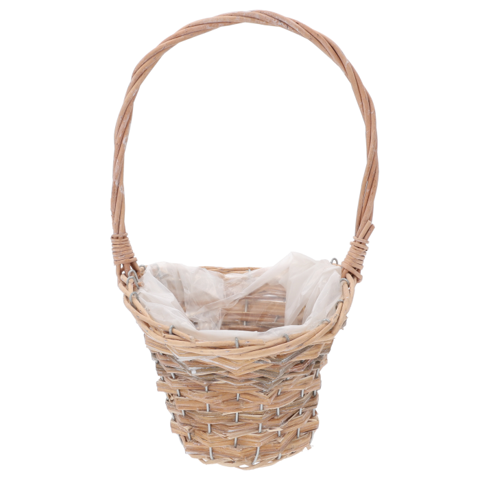 Pusty kosz wiklinowy 38 cm z rączką i wyściółką w środku, prezentowany na jasnym tle. Model w rozmiarze S do kompozycji.