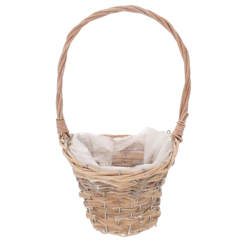 Pusty kosz wiklinowy 38 cm z rączką i wyściółką w środku, prezentowany na jasnym tle. Model w rozmiarze S do kompozycji.