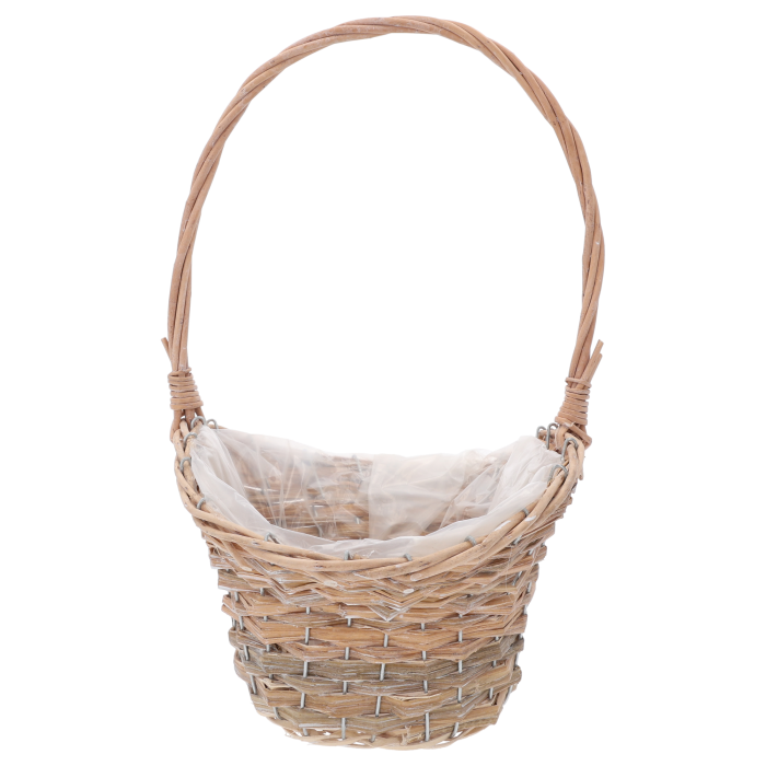 Pusty kosz wiklinowy M z rączką o wysokości 44 cm. Naturalny odcień wikliny, wnętrze wyłożone folią ochronną, idealny do roślin.