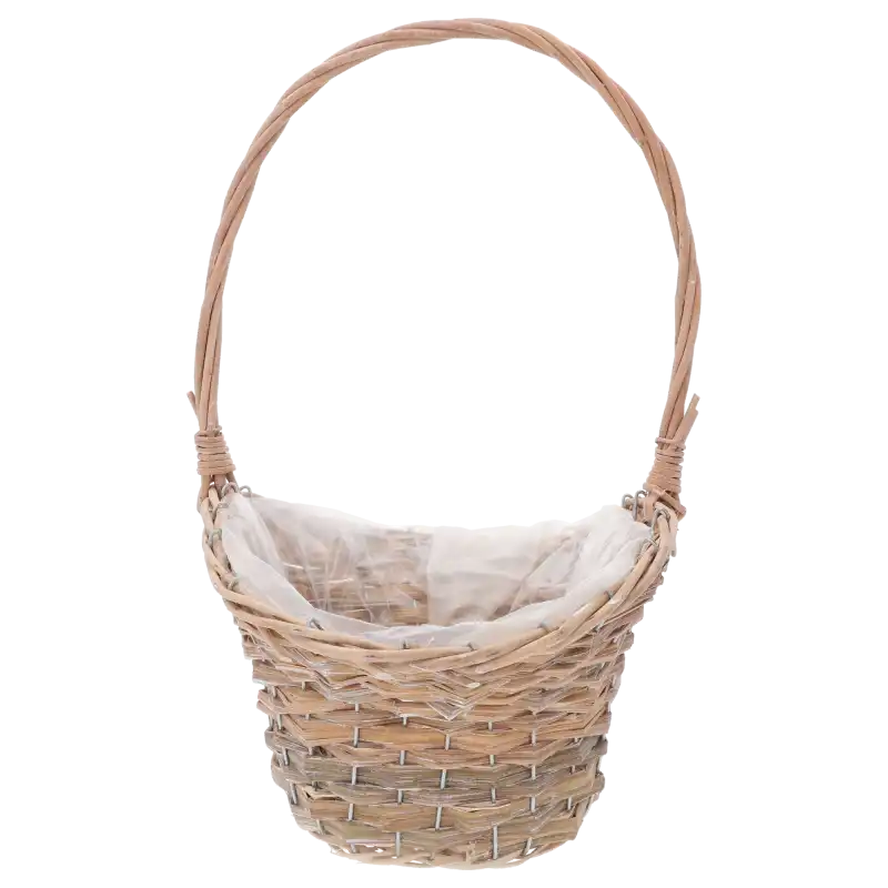 Pusty kosz wiklinowy M z rączką o wysokości 44 cm. Naturalny odcień wikliny, wnętrze wyłożone folią ochronną, idealny do roślin.