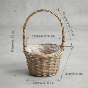 Pusty kosz wiklinowy z wyraźnie zaznaczonymi wymiarami: wysokość 50 cm, szerokość 30 cm i długość 37 cm. Przejrzysta prezentacja rozmiaru L.