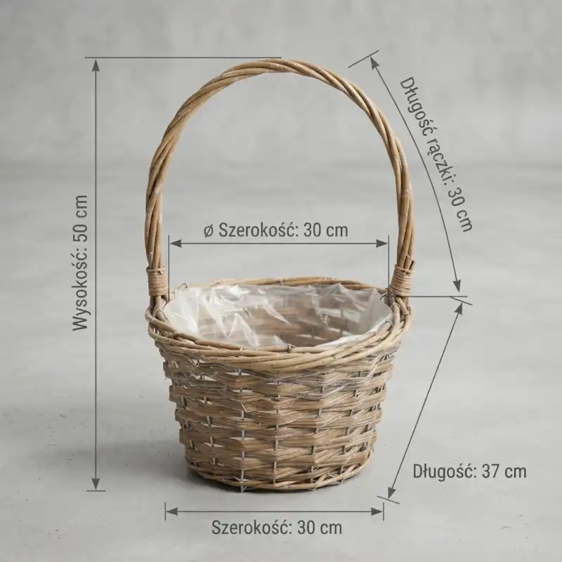 Pusty kosz wiklinowy z wyraźnie zaznaczonymi wymiarami: wysokość 50 cm, szerokość 30 cm i długość 37 cm. Przejrzysta prezentacja rozmiaru L.