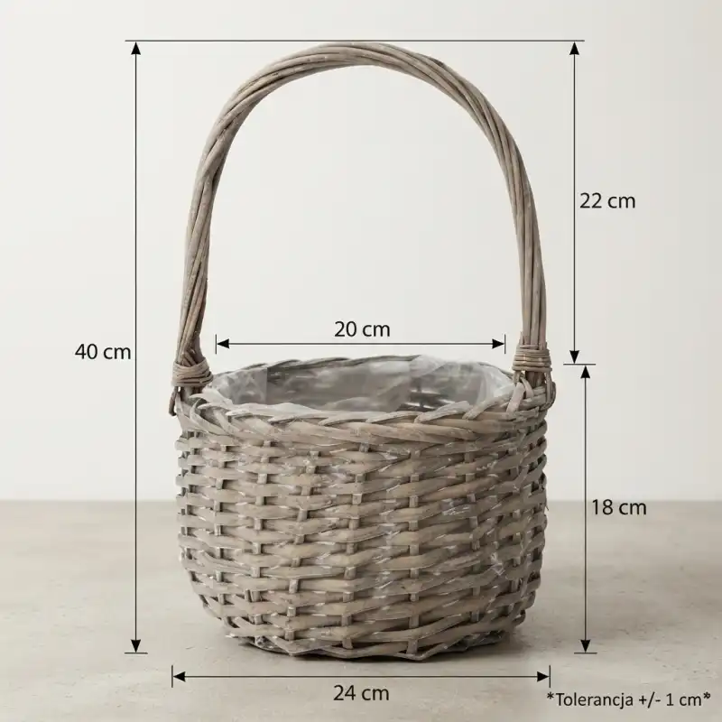 Szary okrągły kosz z naniesionymi na grafikę wymiarami 40 cm wysokości całkowitej, 24 cm szerokości i 18 cm wysokości kosza.