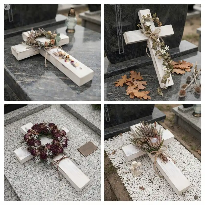 Kolaż czterech kadrów prezentujący biały przecierany drewniany krzyż nagrobny 40 cm w różnorodnych wariantach dekoracji żałobnych i cmentarnych.