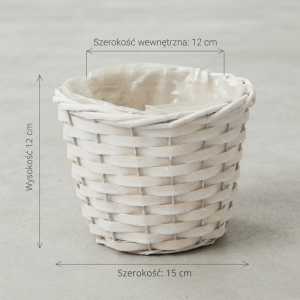 Prezentacja wymiarów białej osłonki rattanowej: szerokość 15 cm, wysokość 12 cm, szerokość wewnętrzna 12 cm.