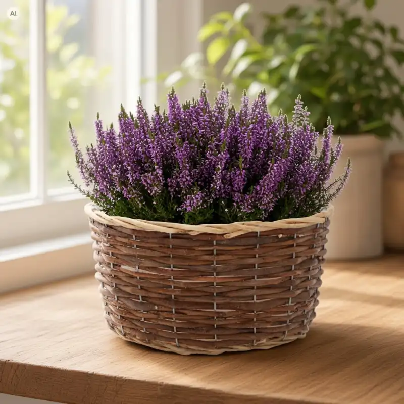 Wiklinowa osłonka z wrzosem postawiona na drewnianym stole przy oknie, ukazująca naturalne piękno dekoracji.