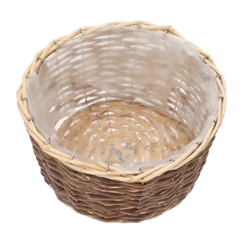 Zbliżenie na wnętrze osłonki wiklinowej 26 cm. Widoczna struktura ręcznego wyplatania oraz ochronna folia.