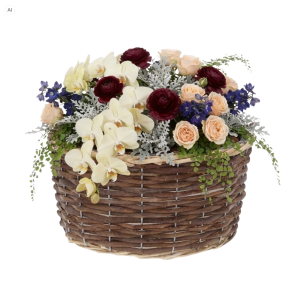 Elegancka kompozycja florystyczna w wiklinowym koszu 26 cm. Wykorzystano storczyki, róże i drobne zielone rośliny.