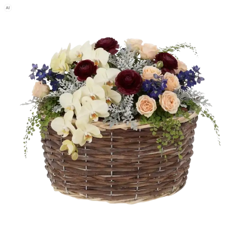 Elegancka kompozycja florystyczna w wiklinowym koszu 26 cm. Wykorzystano storczyki, róże i drobne zielone rośliny.