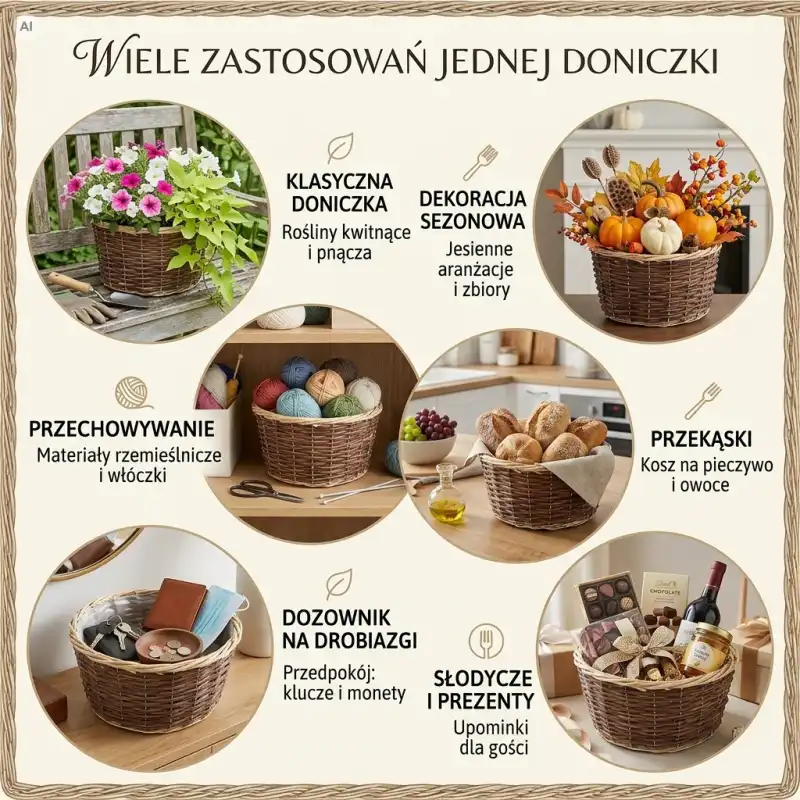 Plansza edukacyjna pokazująca liczne sposoby wykorzystania koszyka wiklinowego 26 cm w aranżacji wnętrz i prezentów.