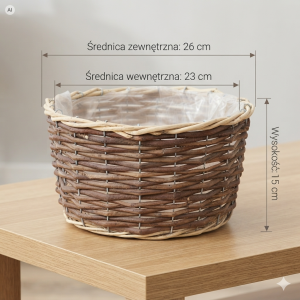 Stylowa dekoracja na drewnianym blacie prezentująca wiklinową osłonkę z folią ochronną 26 cm.