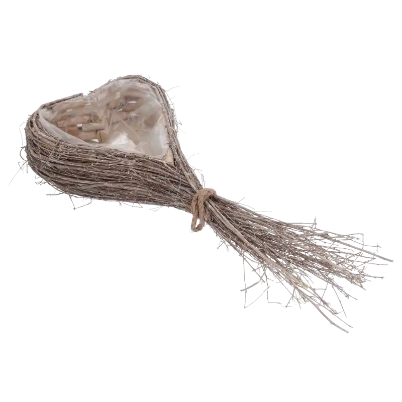 Naturalna drewniana osłonka w kształcie serca o długości 60 cm z dekoracyjnym ogonkiem i jutowym wiązaniem. Wewnątrz znajduje się praktyczna folia ochronna do sadzenia roślin.