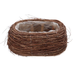 Owalna osłonka z patyków o wymiarach 28x18 cm. Naturalny, organiczny design z folią ochronną wewnątrz, widok z boku.