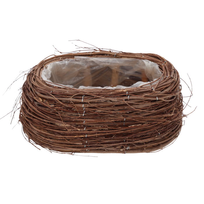 Owalna osłonka z patyków o wymiarach 28x18 cm. Naturalny, organiczny design z folią ochronną wewnątrz, widok z boku.