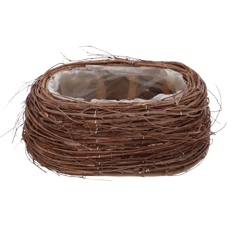 Owalna osłonka z patyków o wymiarach 28x18 cm. Naturalny, organiczny design z folią ochronną wewnątrz, widok z boku.