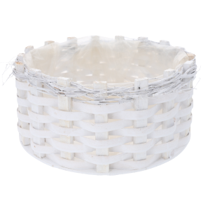 Biała okrągła osłonka rattanowa 32 cm z folią ochronną wewnątrz, idealna jako baza do tworzenia dekoracji roślinnych i kwiatowych w stylu boho.