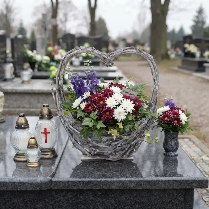 Kwiatowa dekoracja nagrobna w koszyku z gałęzi w kształcie serca, ustawiona na płycie pomnika obok zniczy.