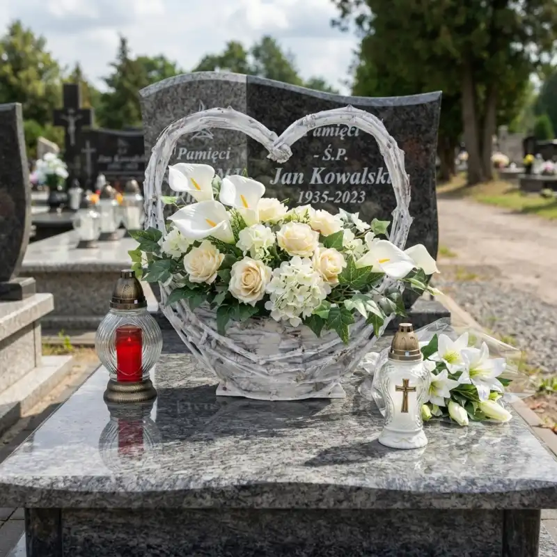 Bielony koszyk serce z gałęzi użyty jako baza dla kompozycji z kalii i róż, umieszczony na płycie nagrobnej obok lampionu.