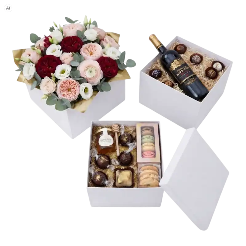 Trzy białe pudełka flowerboxy prezentujące różne warianty wypełnienia: kwiaty, wino ze słodyczami oraz zestaw upominkowy.
