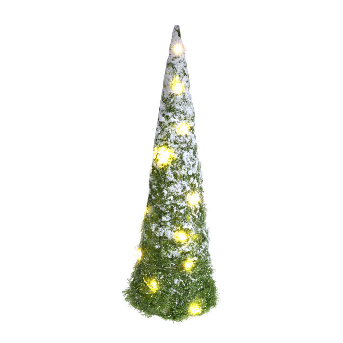 Świecąca ośnieżona choinka 40 cm z 20 diodami LED. Dekoracja na baterie o realistycznym, zimowym wyglądzie na jasnym tle.