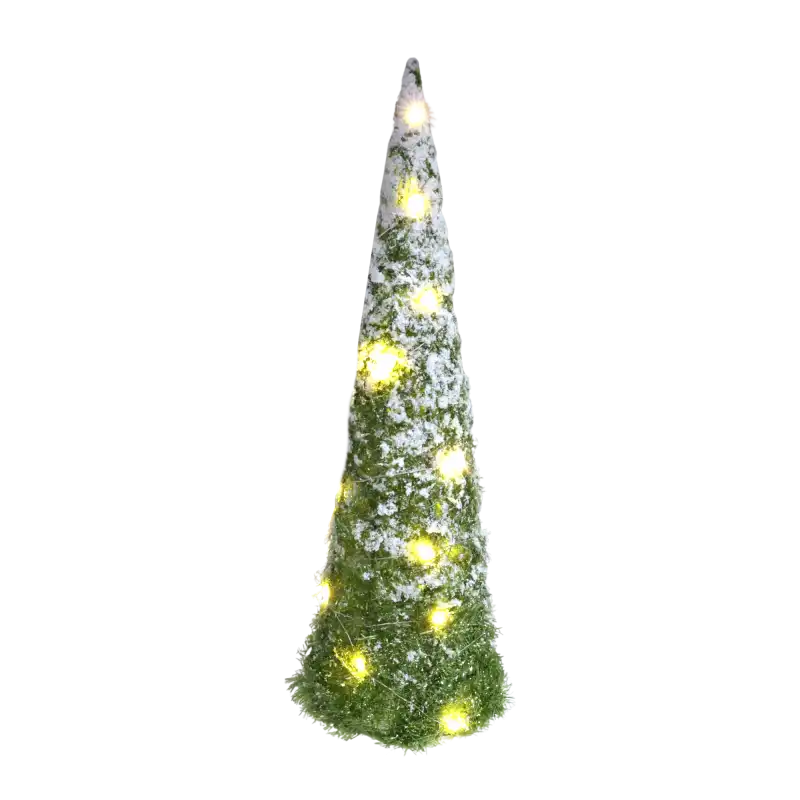 Świecąca ośnieżona choinka 40 cm z 20 diodami LED. Dekoracja na baterie o realistycznym, zimowym wyglądzie na jasnym tle.