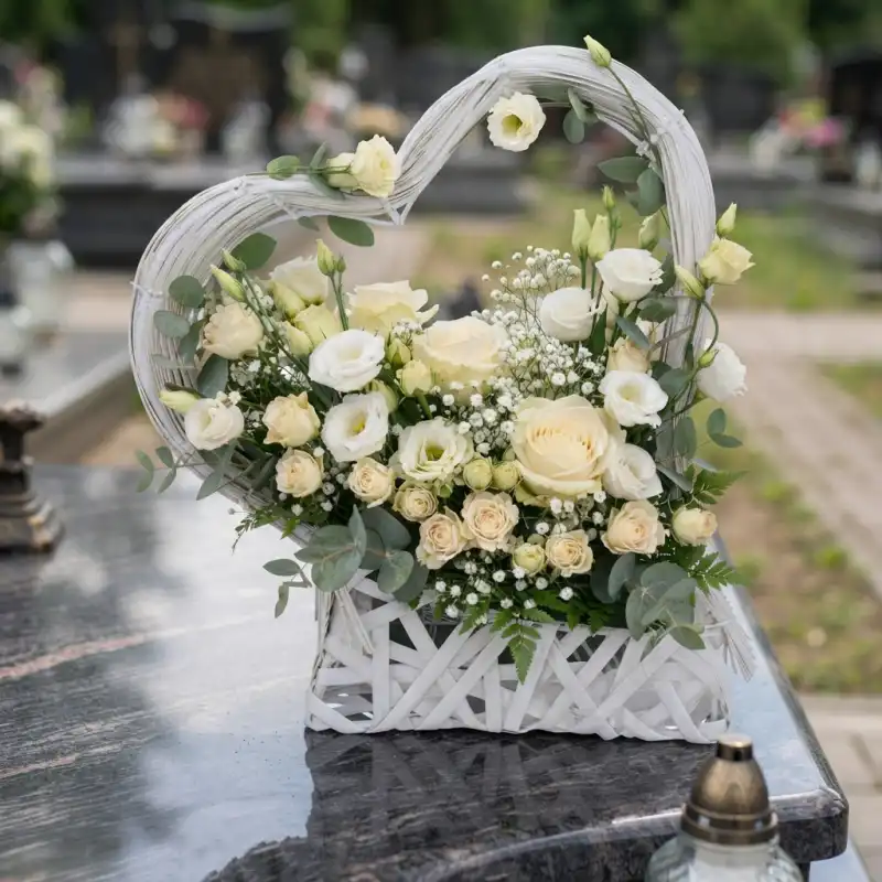 Biała osłonka serce z elegancką kompozycją jasnych róż i eustomi na nagrobku.