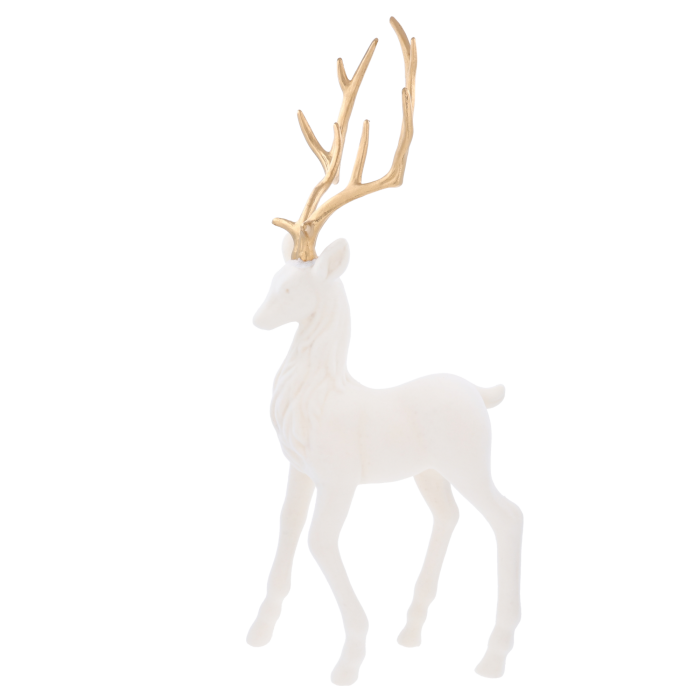 Biały flokowany renifer 80 cm ze złotym porożem. Elegancka, duża dekoracja świąteczna o aksamitnej teksturze, idealna do wnętrz w stylu glamour.