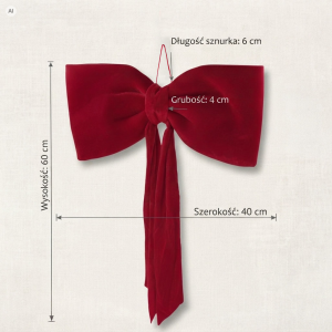 Welurowa kokarda w kolorze głębokiej czerwieni z naniesionymi wymiarami technicznymi 60 cm wysokości oraz 40 cm szerokości.